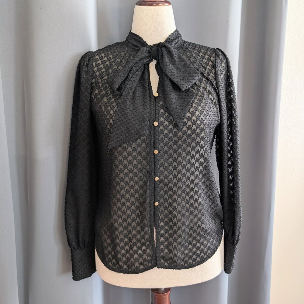 Worthington black sheer houndstooth long-sleeved blouse w/neck bow tie size XS